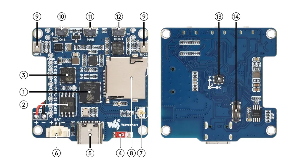 Плата Waveshare ESP32-S3-Touch-AMOLED-2.16 з нумерованими вказівниками